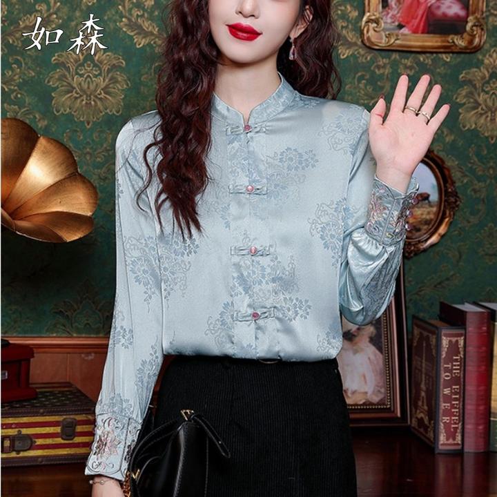 新中式休闲改良唐装衬衫女士立领盘扣上衣春秋季新款国风刺绣衬衣
