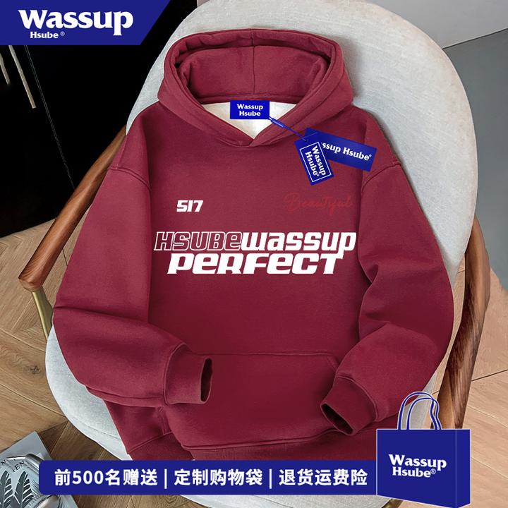 WASSUP HSUBE街头风美式oversize连帽卫衣男秋冬潮牌字母印花上衣