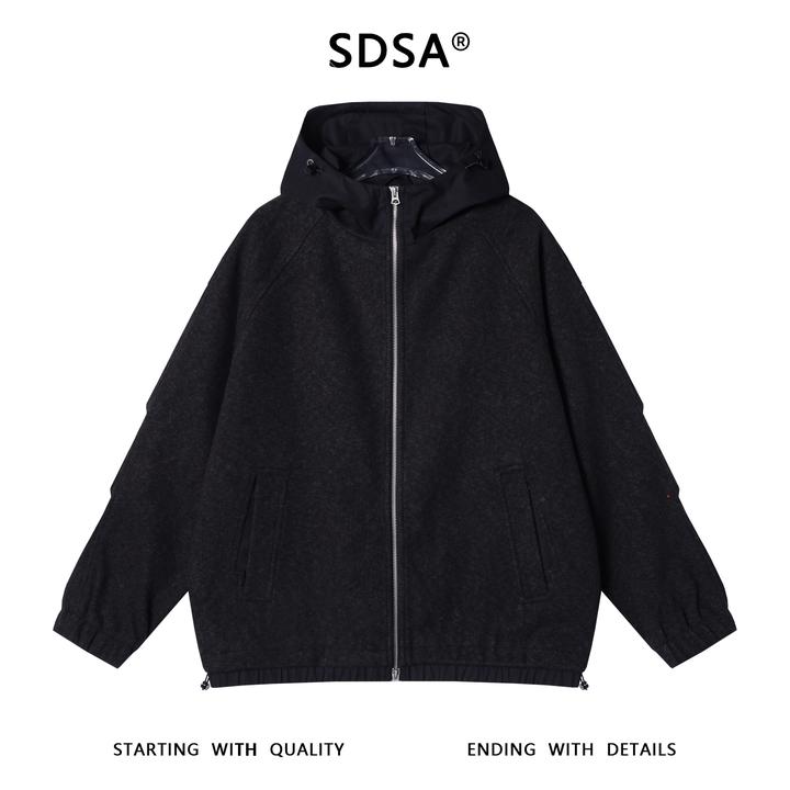 SDSA秋冬新款痞帅男装韩版松紧拼接拉链立领连帽卫衣百搭宽松外套