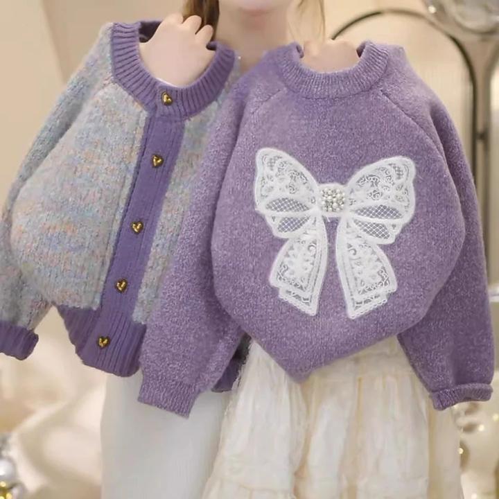 女童蝴蝶结毛衣秋冬2024新款中大童加厚针织开衫冬季保暖内搭上衣