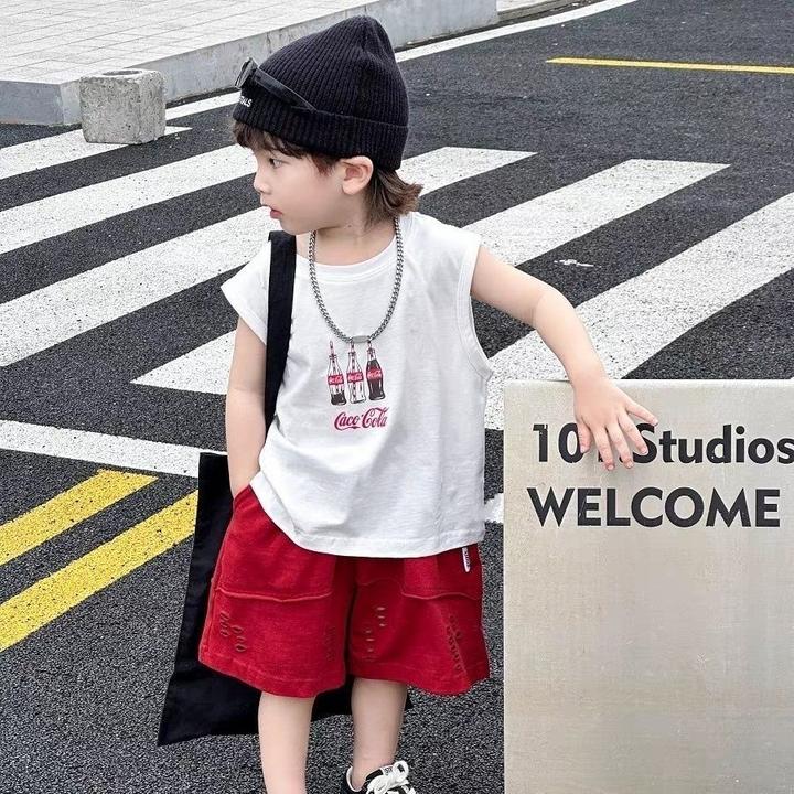 2025夏季新品儿童童装背心T恤男童夏款无袖印花潮范韩版破洞上衣