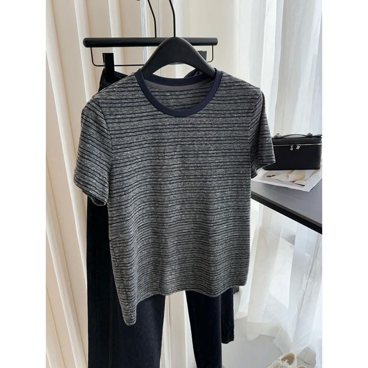 复古休闲圆领撞色条纹T恤女2025新款夏季短袖宽松外穿漂亮打底衫