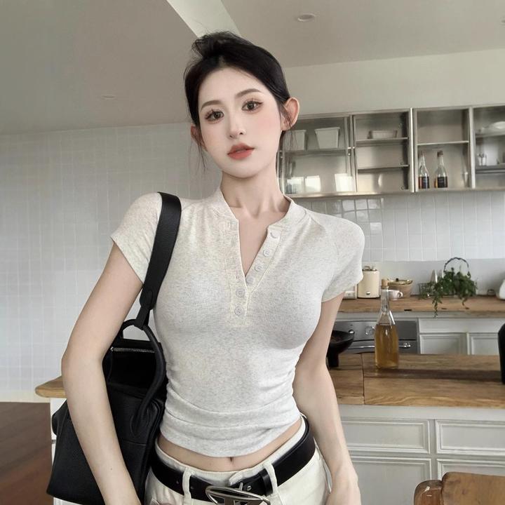 2025夏季新款美式纽扣半开领短袖恤女上衣修身褶皱短款打底衫潮