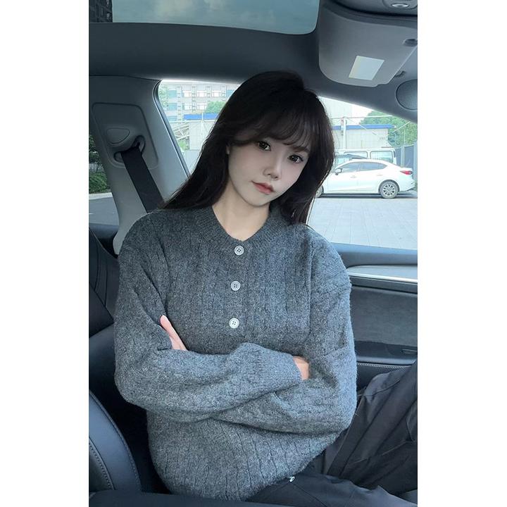 灰色粗线亨利领毛衣男女款秋冬季慵懒麻花针织衫美式内搭打底上衣