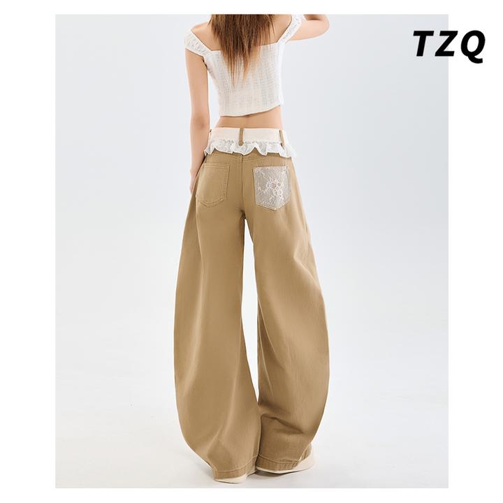 蕾丝花边弯刀直筒牛仔裤女2025夏季新高腰显瘦阔腿裤子TZQ2532529