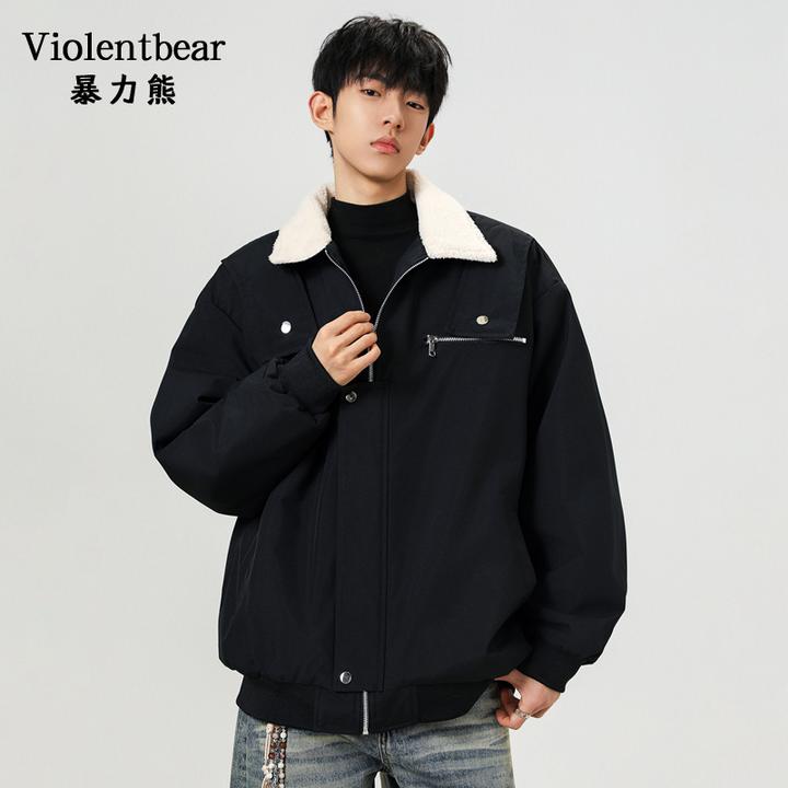 暴力熊时尚翻领羊羔毛棉衣男冬季宽松休闲秋冬保暖外套设计感棉服