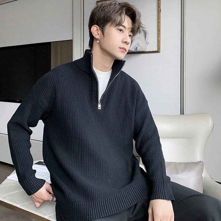 男士半拉链立领针织衫毛衣2025冬季新款内搭黑色痞帅高级感打底衫