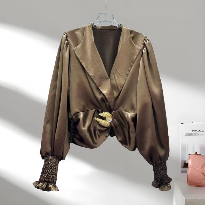 法式时尚别致纽扣木耳花边宽松秋季洋气衬衫花边领衬衣品质女装