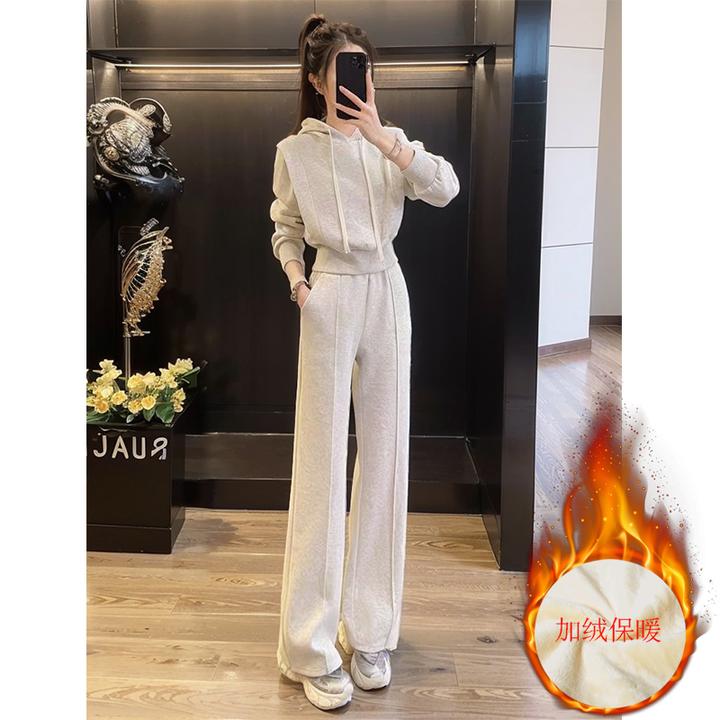 4012小个子定制时尚运动套装女秋冬款加绒设计感卫衣微裤裤两件套