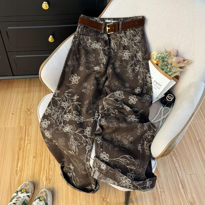 春秋季穿搭咖色牛仔裤女复古提花宽松直筒休闲裤版型超好看的裤子
