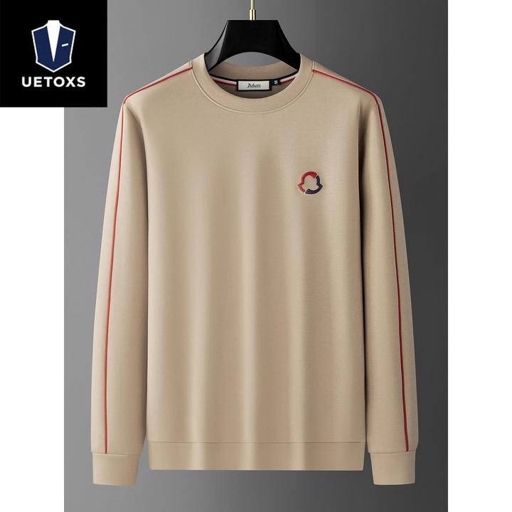 秋季高端时尚简约撞色拼接衣服男士休闲百搭微阔圆领长袖卫衣男款