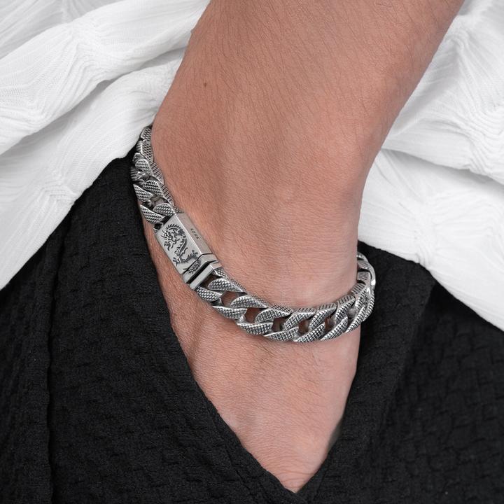 925银手链 龙纹纯银手链古巴复古街头霸气嘻哈工艺霸气重工潮男