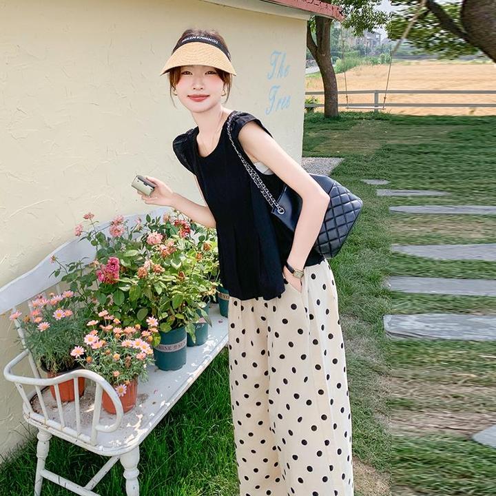 波点雪纺阔腿裤套装女夏慵懒微胖巨显瘦遮肉减龄小飞袖上衣两件套