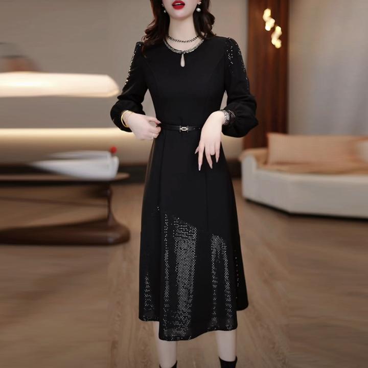 梭织精纺轻奢名媛打底裙2025春秋季新款黑色修身显瘦长袖连衣裙子
