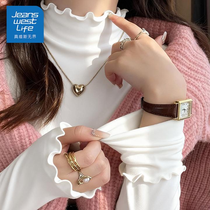 真维斯无界秋冬白色木耳边薄绒打底衫长袖打底针织修身显瘦小个子