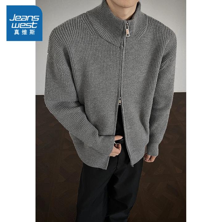 真维斯拉链立领针织开衫毛衣男士秋冬新款纯色美式复古毛线衣外套