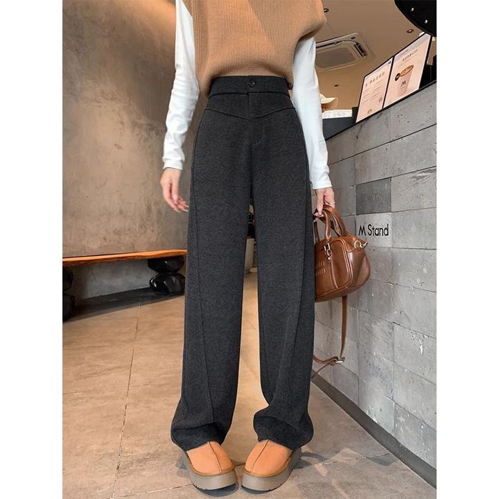 灰色香蕉裤女秋冬加厚毛呢窄版直筒阔腿裤子高腰休闲垂感弯镰刀裤