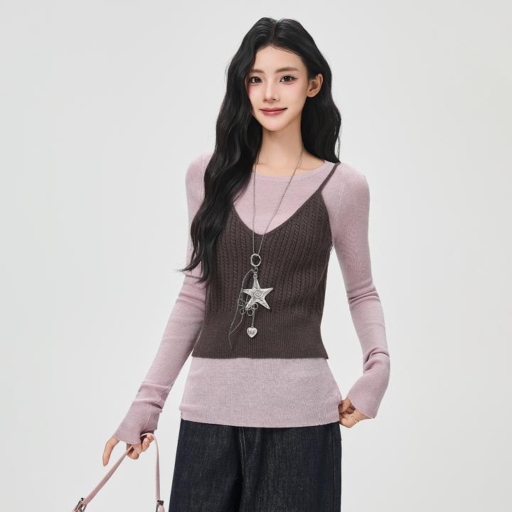 （小韩家）简约时尚叠穿长袖打底衫针织麻花吊带背心女两件套百搭