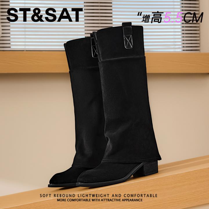 星期六黑色经典百搭裤管靴冬季新款长靴子女高质感复古西部牛仔靴