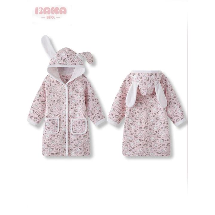 女童秋冬纯棉空气层三层夹棉可爱猫咪睡袍全棉宝宝家居袍儿童浴袍