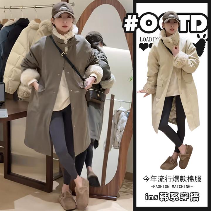 2024秋冬欧美气质宽松中长款棉服外套女时尚气质加绒加厚保暖棉衣