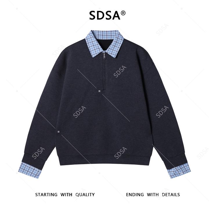 SDSA男士秋冬新款痞帅男装潮牌痞帅格子拼接半拉链翻领假两件卫衣