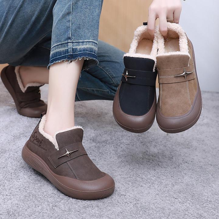 冬季新款一脚蹬休闲妈妈棉鞋宽脚软底加绒加厚老北京布鞋女士棉靴
