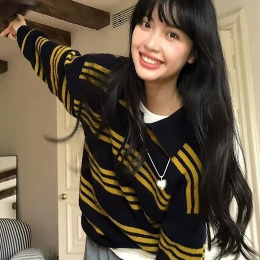 哥弟阿玛施正官方2025秋新款条纹POLO领针织衫女长袖宽松毛衣上衣