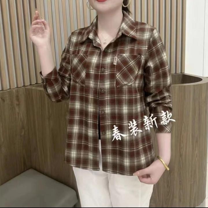 《专柜品质》秋季新款洋气时尚休闲百搭复古格子减龄衬衫上衣W