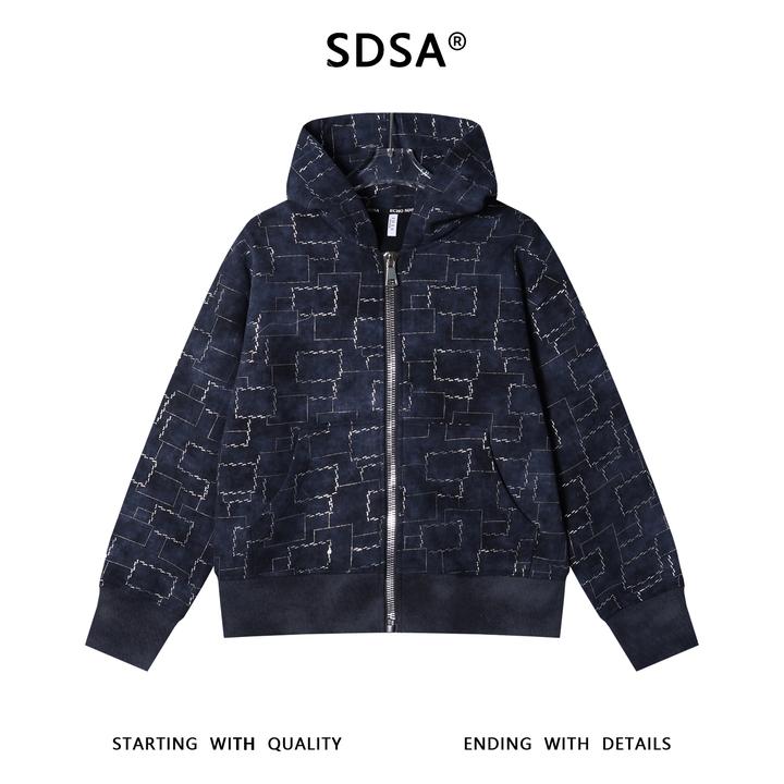 SDSA秋冬新款痞帅男装复古不规则图形滴胶开衫拉链连帽卫衣百搭