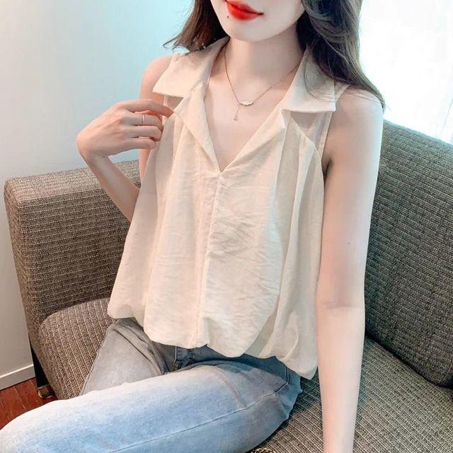 2025夏季新款时尚小衫短款上衣女无袖雪纺衬衫女宽松遮肚子衬衣