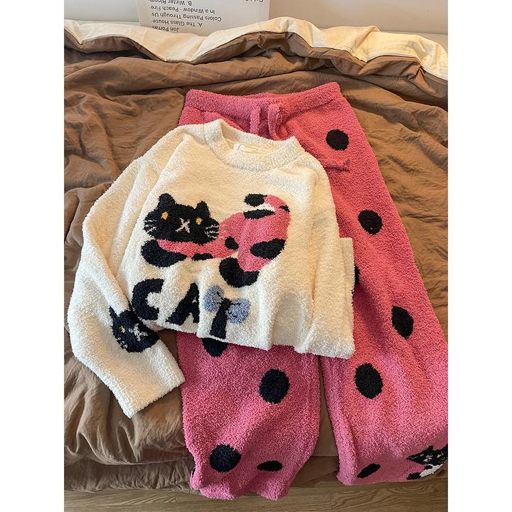 可爱简约猫咪印花针织半边绒睡衣女秋冬新款加厚保暖家居服可外穿