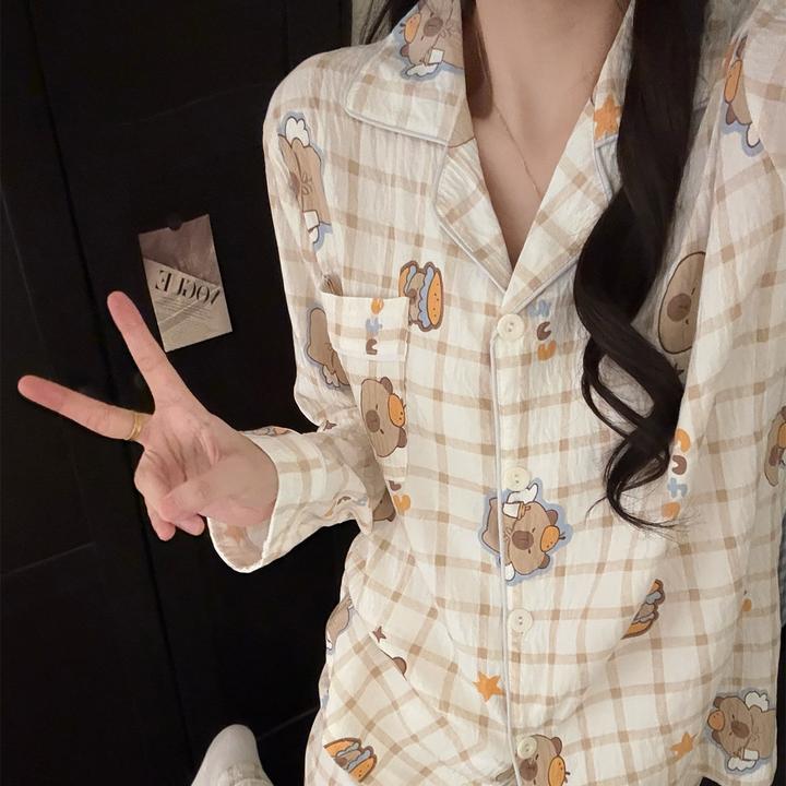 2025新款云朵棉睡衣女春秋季长袖大码格子卡皮巴拉冬天套装家居服