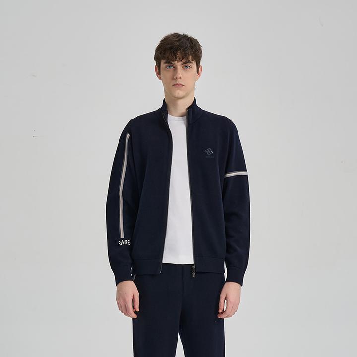 RARE威雅25秋冬深藏青米白两色不对称微撞色织带长袖开衫休闲外套