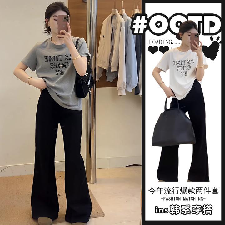 韩系学院风套装2025夏季新款时尚气质百搭减龄短袖T恤+高腰休闲裤