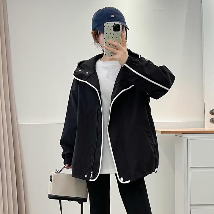 大码女装秋季新款时尚连帽外套女宽松显瘦百搭胖mm洋气夹克上衣服