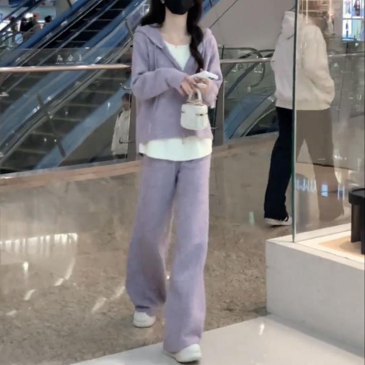 休闲运动套装女2025春秋新款宽松假两件针织连帽卫衣阔腿裤两件套