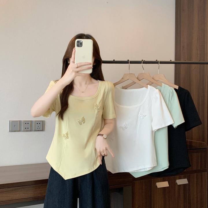 清大码夏季新款胖mm立体蝴蝶刺绣短袖T恤设计感正肩修身上衣64530