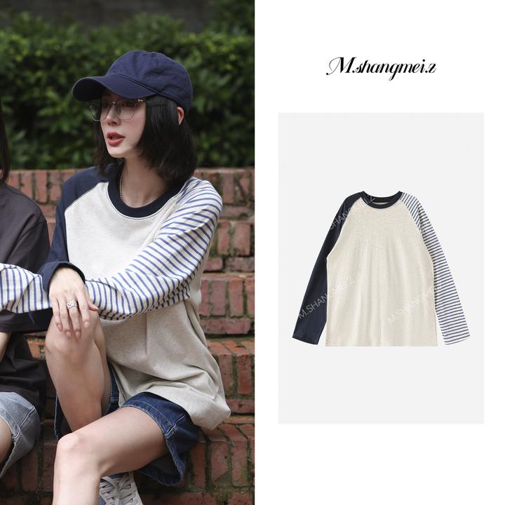 M.SHANGMEI.Z/沐熙【拼色闲叙】美大哥宽松条纹拼色T恤X07AT1005