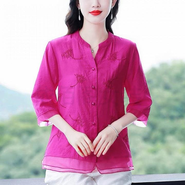 新款妈妈宽松刺绣显瘦上衣文艺七分中国开衫时尚减龄小衫露脐女士