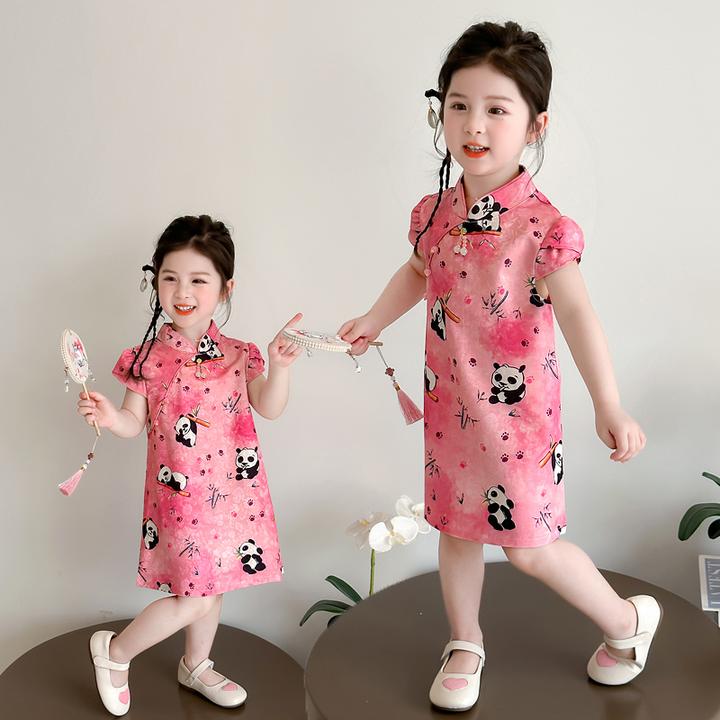夏季韩范女童旗袍连衣裙女孩新中式熊猫印花裙儿童新款中国风夏装
