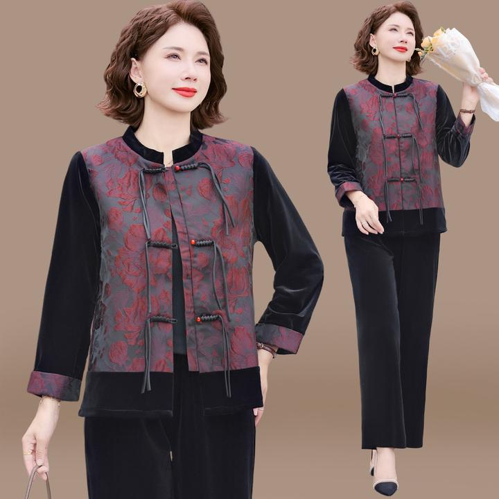 新中式妈妈秋装套装国风金丝绒外套2025新款中老年春秋品牌上衣女
