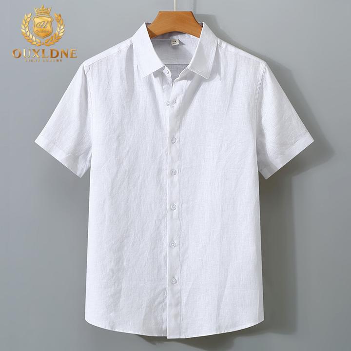 OUXLDNE纯亚麻衬衫男短袖夏季薄款透气麻布上衣日系翻领宽松半袖