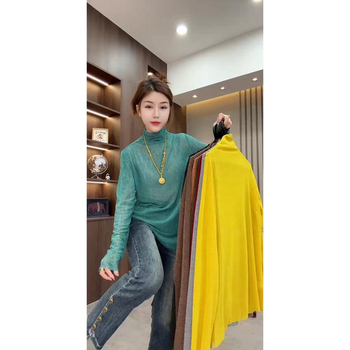 秋季新款时尚气质显瘦百搭糖果色堆堆领长袖网纱衫