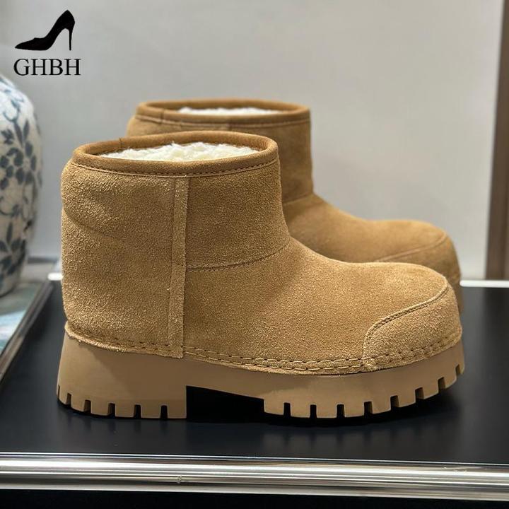 粗跟磨砂牛皮羊毛雪地靴女靴新款冬季保暖防滑一脚蹬短靴棉靴