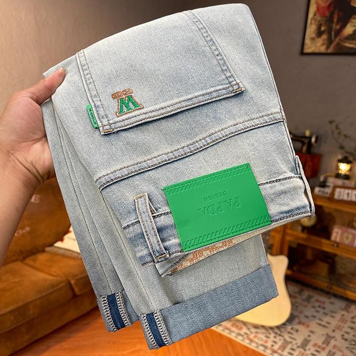 吉伦略索牛仔裤男春夏新款刺绣水洗小脚长裤浅色修身百搭潮流男裤