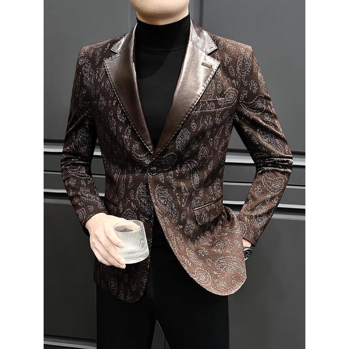 高级感皮领西装外套男士2025新款秋冬印花单西痞帅时尚休闲花西服