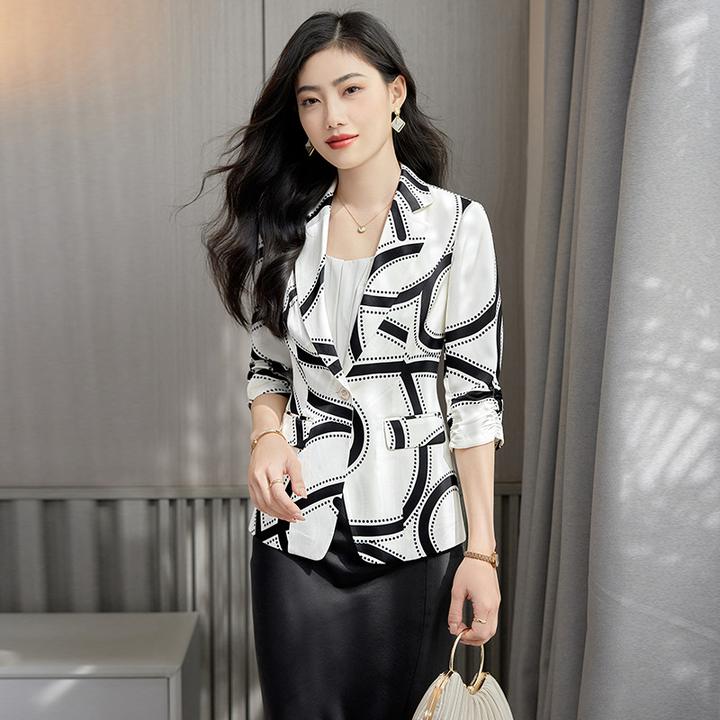 B印花醋酸西装外套女2025夏季新款气质百塔七分袖一粒扣妈妈装上