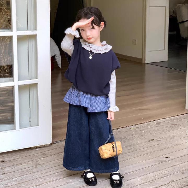 女童套装2025秋季新款韩版打底叠穿马甲儿童洋气时髦牛仔裤套装潮