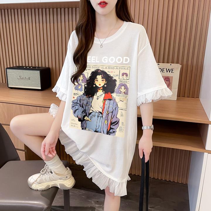 假两件蕾丝拼接短袖T恤女夏季宽松时尚中长款显瘦遮肚大码体恤裙